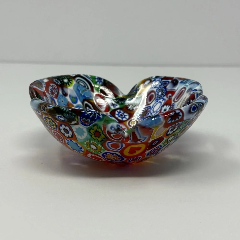 Vintage Murano Millefiori Art Glass Ruffled Bowl Candy Dish Multicolor